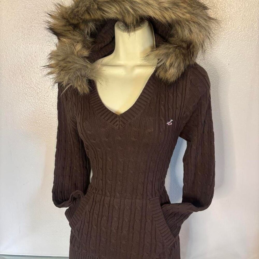 Hollister Y2K Brow Knit Faux Fur Trim Hooded Sweater L Bella Swan Fall Core